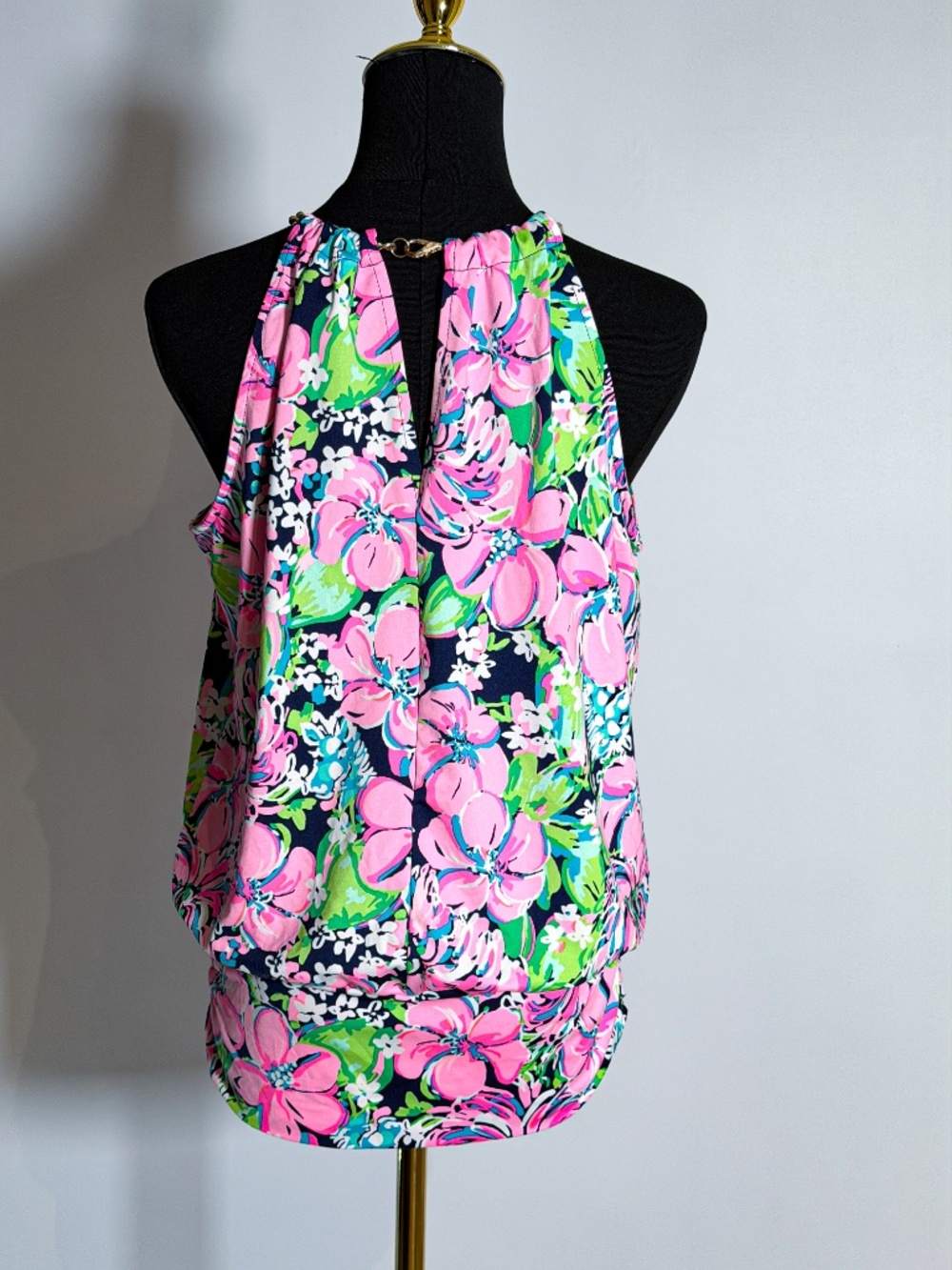 Lilly Pulitzer Tropical Floral Halter Top Pink Green Gold Chain Size Small - Picture 2 of 8